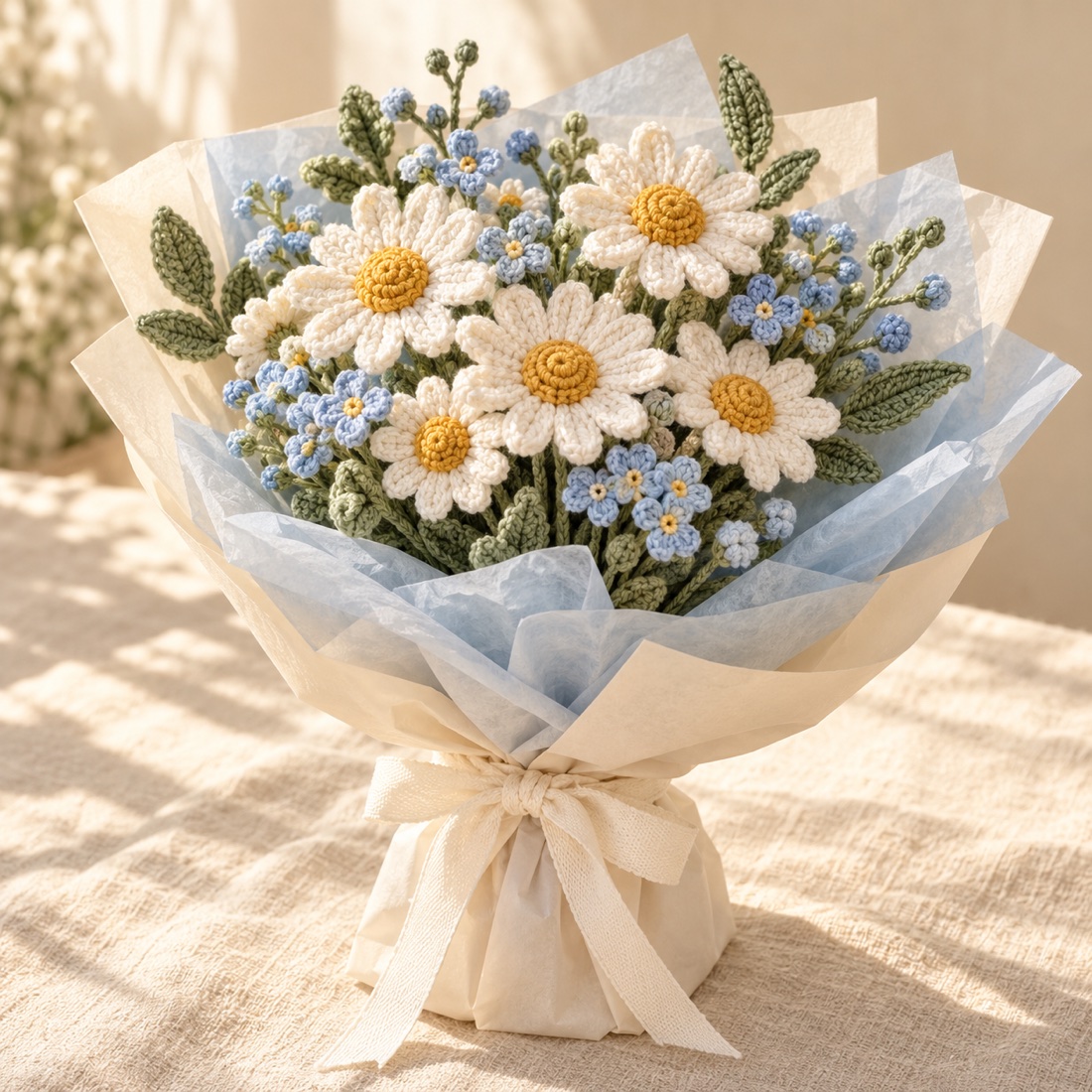 Cream crochet daisies with blue accents