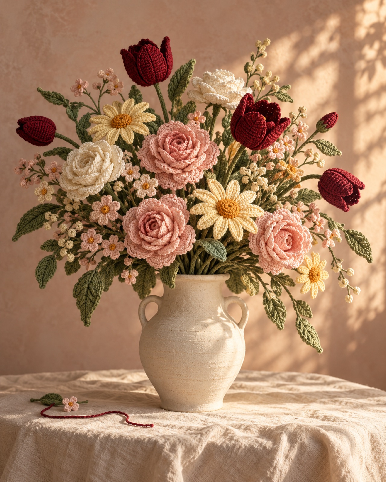 A handmade bouquet of burgundy tulips, blush roses and cream daisies, all crocheted from yarn