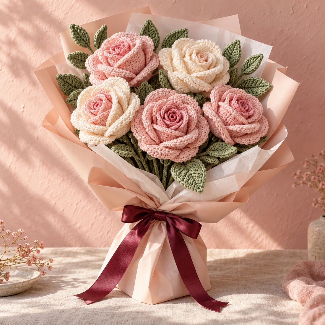 The intricate stitches in a handmade rose bouquet