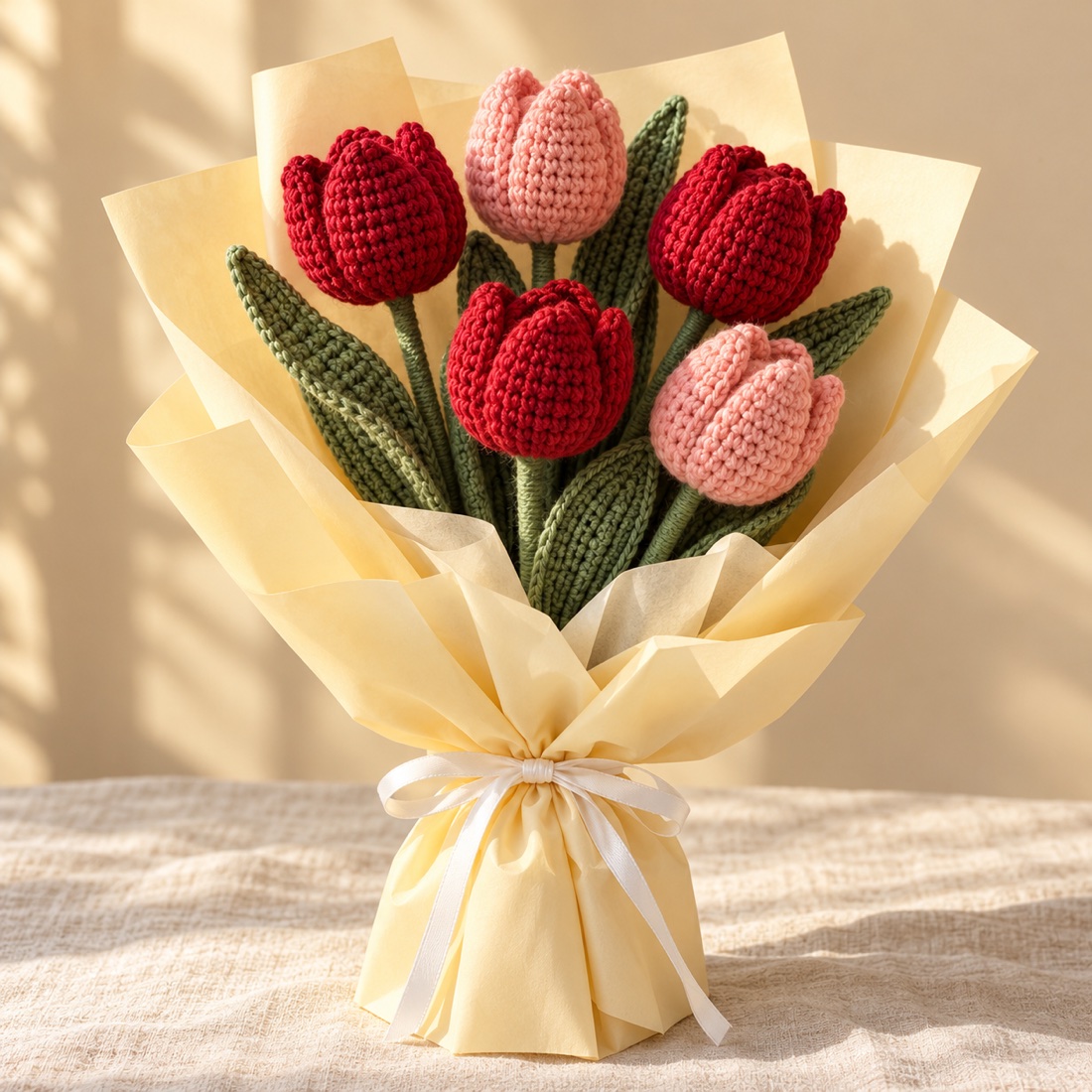 Cherry red crochet tulips